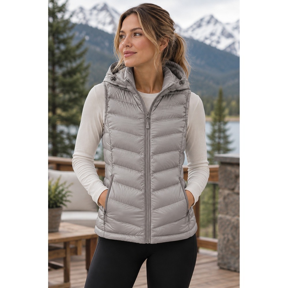 Eddie Bauer Goose Down Puffer Vest Womens S Gray Hooded Packable Lightweight